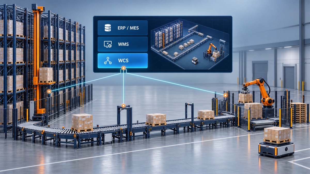 ERP·MES, WMS, WCS와 자동창고·컨베이어·로봇을 연결한 물류 시스템 통합 개념도